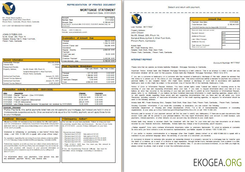 Cambodge Relevé hypothécaire de la banque Acleda, 3 pages, 1, 2 scr